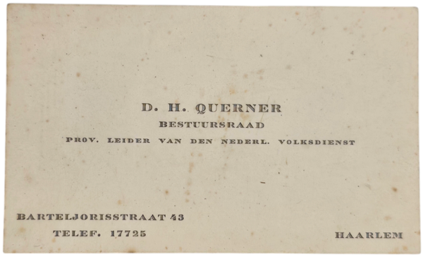 Original WW2 Dutch Collaboration NVD Document - Nederlandsche Volksdienst provincial leader card D. H. Querner, Haarlem