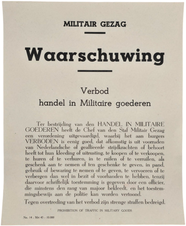Original WW2 Dutch Liberation Poster - MG Militair Gezag forbidden to sell military goods, Nijmegen (1945)