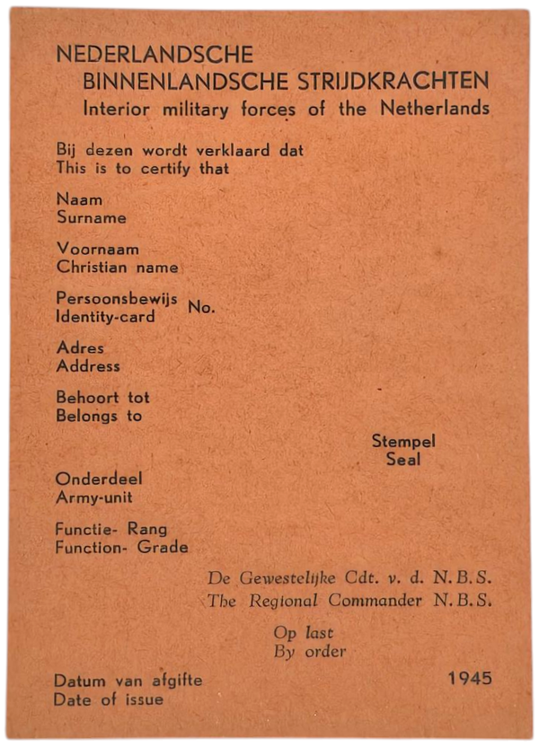 Original WW2 Dutch NBS Document - Binnenlandse Strijdkrachten ID card (1945)
