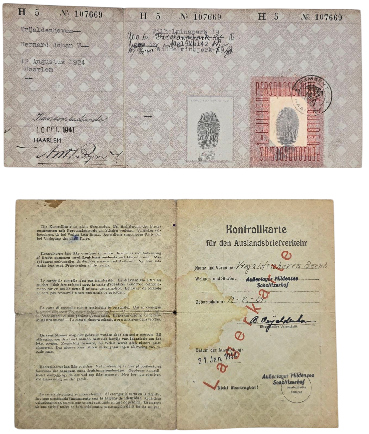 Original WW2 Dutch Document - Persoonsbewijs Haarlem + Kontrollkarte ...