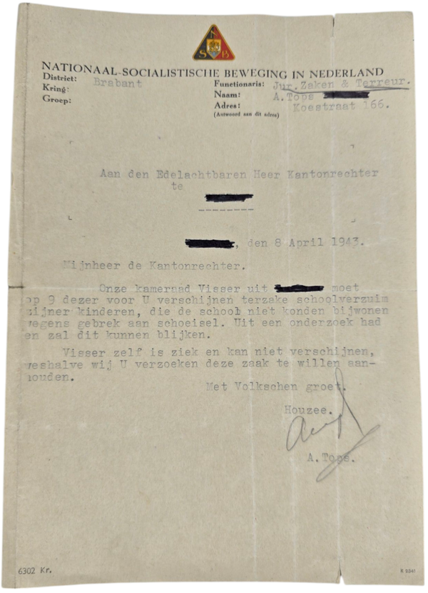 Original WW2 Dutch NSB Collaboration Document - NSB letter to a court judge about the absence of the children of a NSB member, Tilburg (?) Brabant (1943)