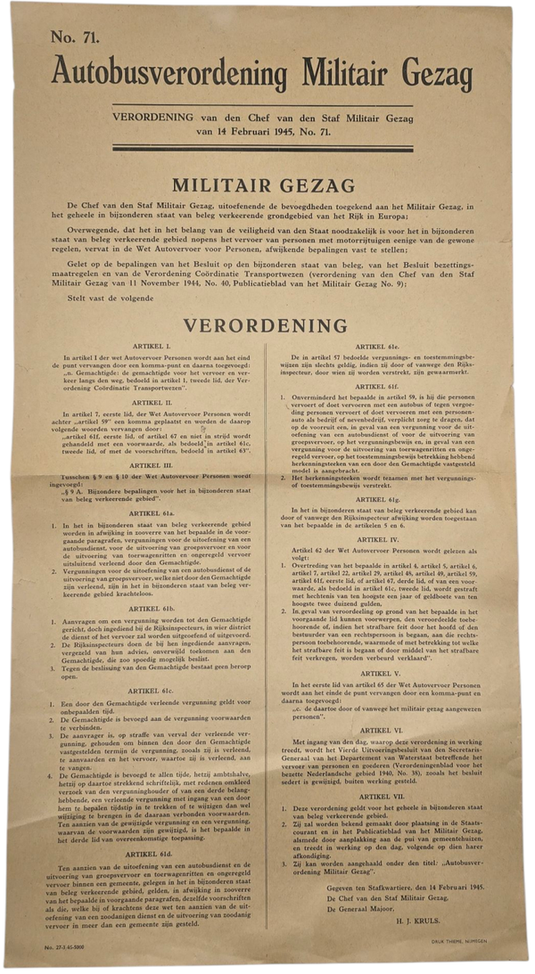 Original WW2 Dutch Liberation MG Poster - Militair Gezag Bus regulation, Nijmegen (1945)