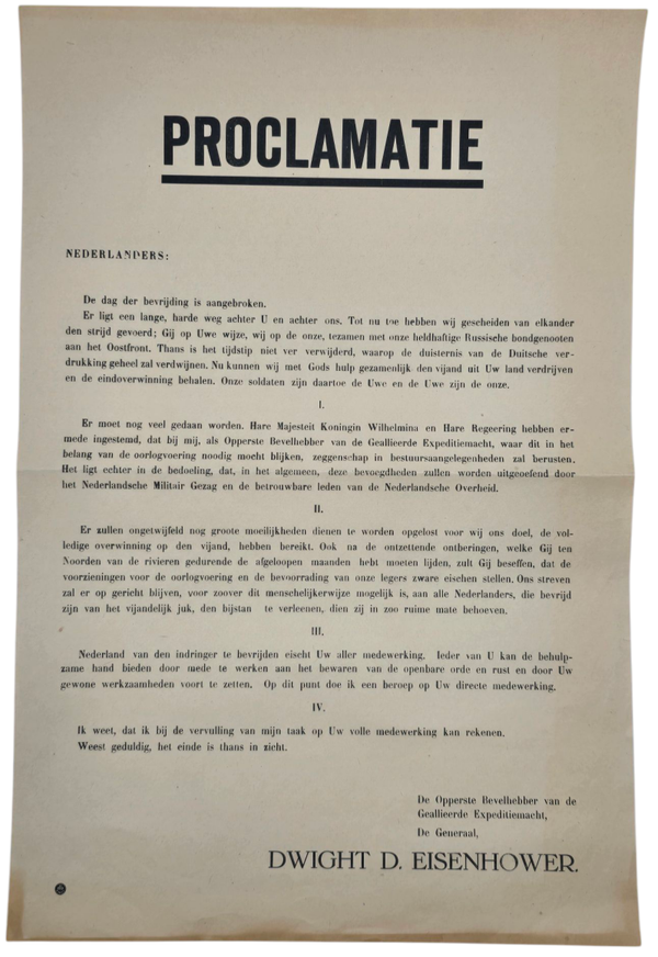 Original WW2 Dutch Liberation Poster - Proclamation of Dwight D. Eisenhower, Leeuwarden (1945)