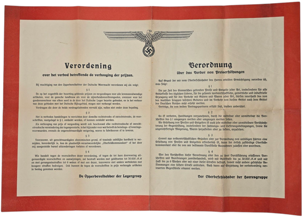 Original WW2 German Dutch Poster - Regulation ban on price increases, Oberbefehlshaber des Heeresgruppe (1940)