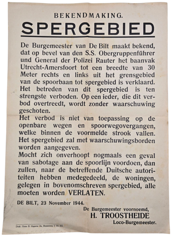 Original WW2 Dutch Poster - Notice Spergebied of the train line Utrecht-Amersfoort, De Bilt, H. Troostheide, November (1944)