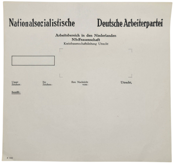 Original WW2 Dutch Collaboration NSF Document - NSDAP arbeitsbereich in den Niederlanden NS Frauenschaft Kreisfrauenschaftsleitung Utrecht writing paper
