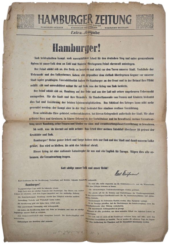 Original WW2 German Poster - Newspaper Hamburger Zeitung poster Extra Ausgabe (1945)