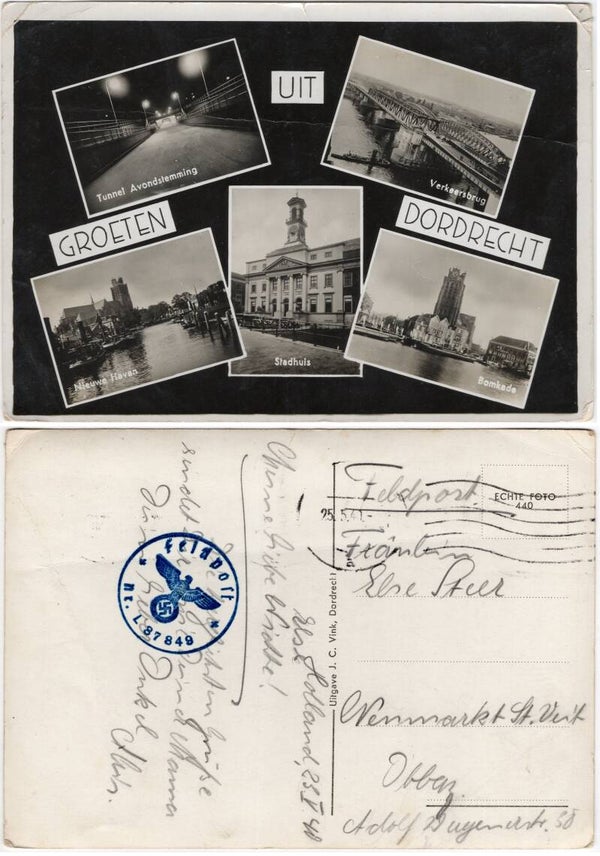 Original WW2 Dutch Postcard - Groeten uit Dordrecht, German Feldpost 10 Kompanie 1st Fallschirmjäger Division, May (1940)
