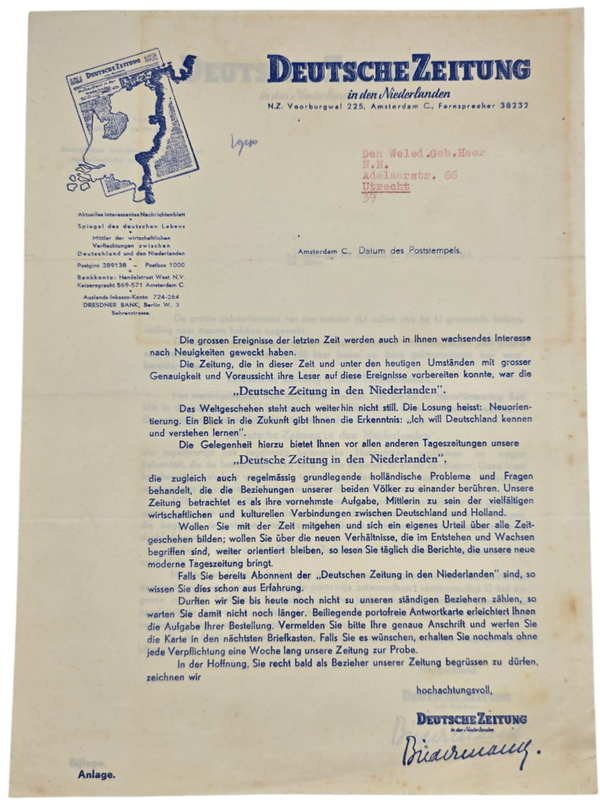 Original Dutch WW2 Collaboration Document - Deutsche Zeitung in den Niederlanden (1940)