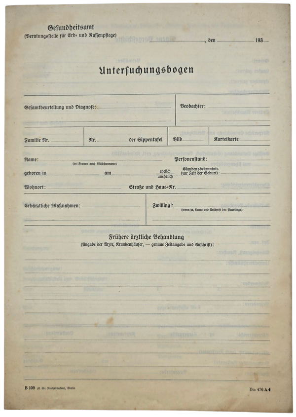Original WW2 German Document - Questionnaire Untersuchungsbogen Gesundheitsamt Beratungsstelle für Erb- und Rassenpflege
