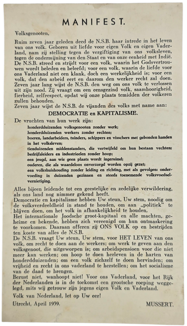 Original WW2 Dutch Collaboration NSB Document - Manifest Anton Mussert (1939)
