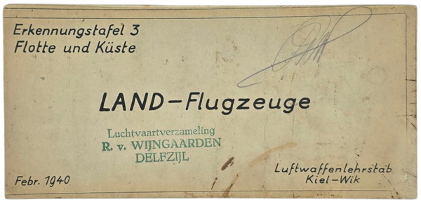 Original WW2 German Luftwaffe Document - Erkennungstafel 3, Land-Flugzeuge Luftwaffenlehrstab Kiel-Wik (1940)