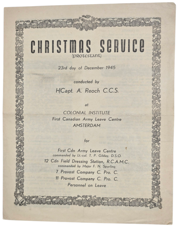 Original WW2 Dutch Liberation Document - Christmas Service First Canadian Army Leave Centre Amsterdam (1945)