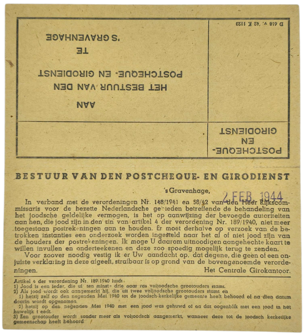 Original WW2 Dutch Antisemitic Document - PTT control document of Jewish origin (1944)