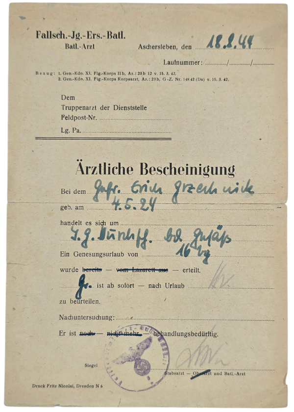 Original WW2 German Document - Fallschirmjäger Ersatz Batl. Ärztliche Bescheinigung, doctors note, Aschersleben (1944)