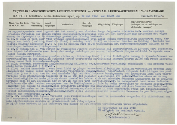 Original WW2 Dutch Document - Dutch Army Luchtwachtdienst air watch service report The Hague, 12th of May (1940)
