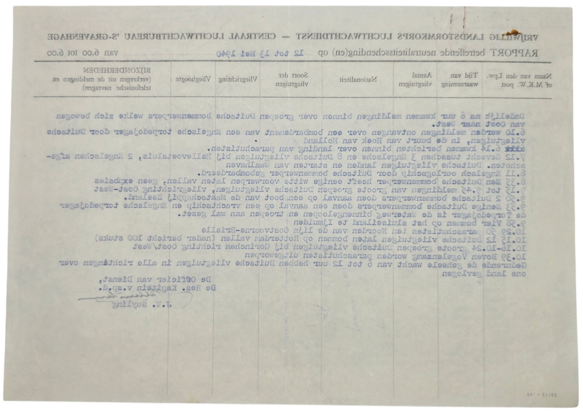Original WW2 Dutch Document - Dutch Army Luchtwachtdienst air watch ...
