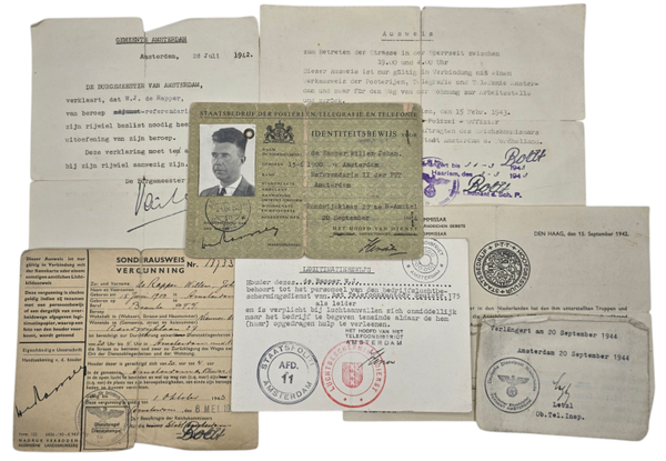 Original WW2 Dutch Document - ID card set PTT worker Amsterdam Nieuwer Amstel (1942- 1944)