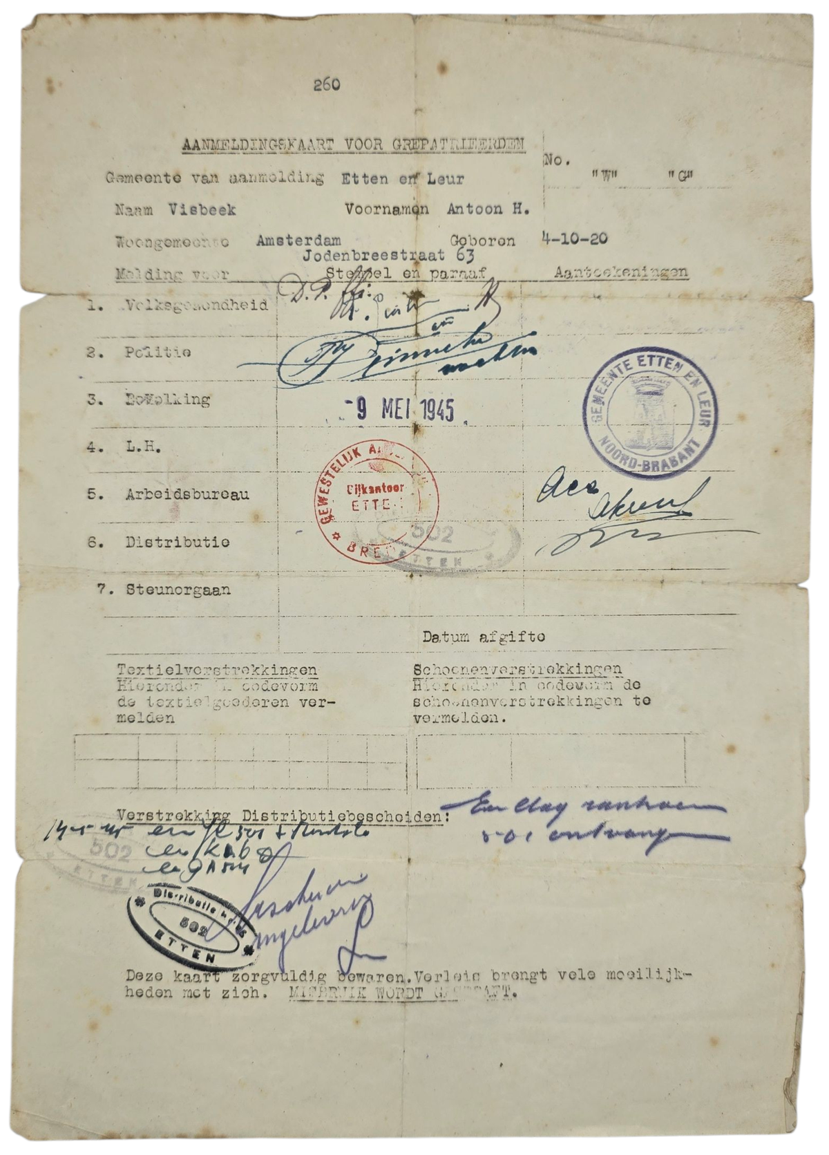 Original WW2 Dutch Document - Repatriate document Etten Leur Amsterdam ...