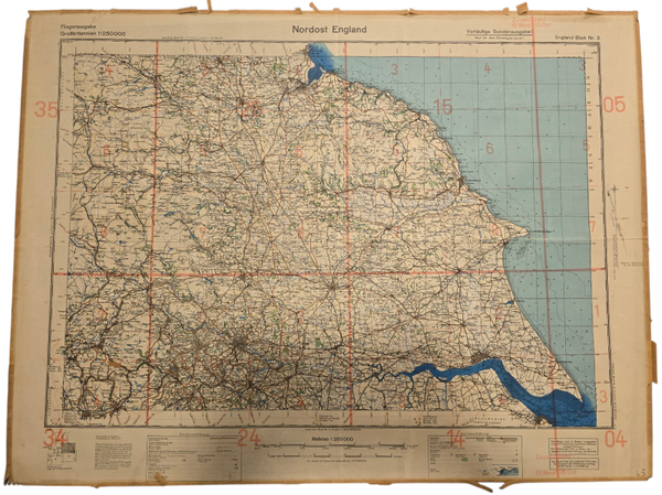 Original WW2 German Luftwaffe Map - Fliegerausgabe Great Britain England Nr. 3, Nordost England (1940)