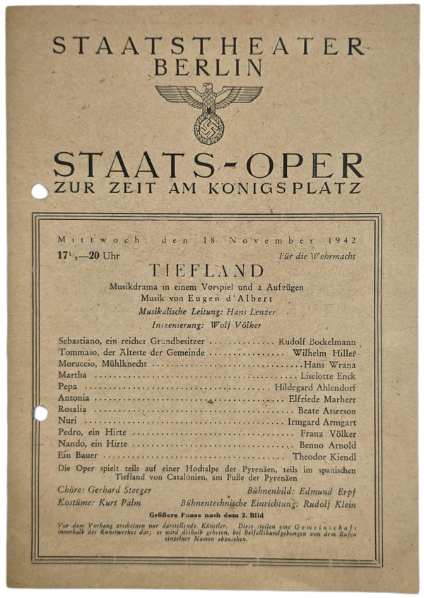 Original WW2 German Document - Staatstheater Berlin Staats Oper Für die Wehrmacht, Tiefland (1942)