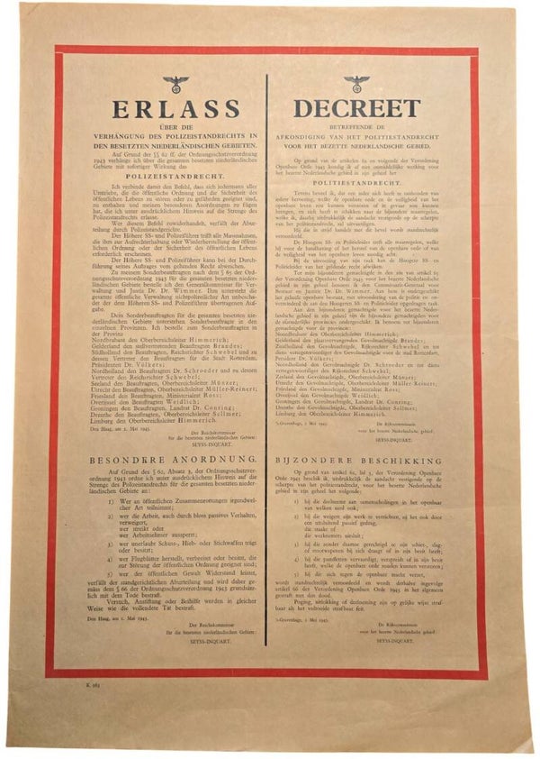 Original WW2 Dutch German Poster - Notice for the Dutch police, Seyss-Inquart, The Hague (1943)