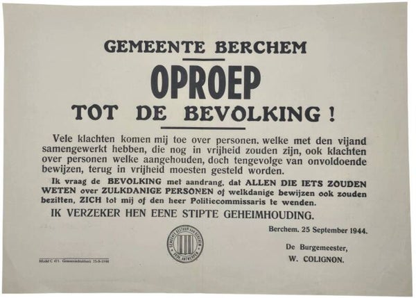 Original WW2 Flemish Poster - Registering information about collaborators, Berchem (1944)