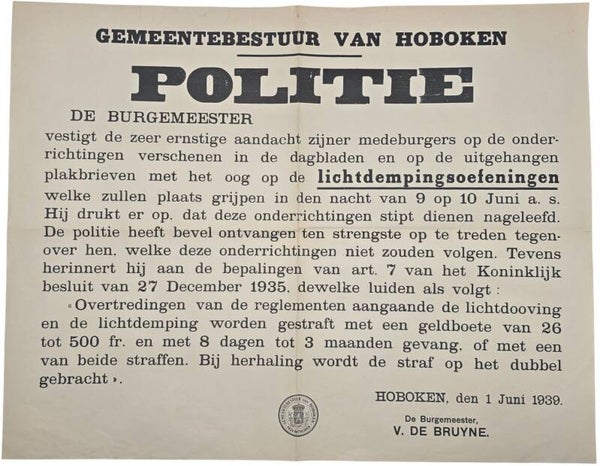 Original WW2 Flemish Poster - Blackout training Hoboken (1939)