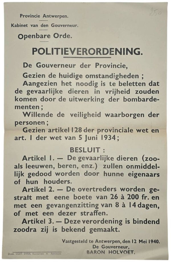 Original WW2 Flemish Poster - Police Ordinance loose zoo animals because of bombings, Antwerp, May (1940)