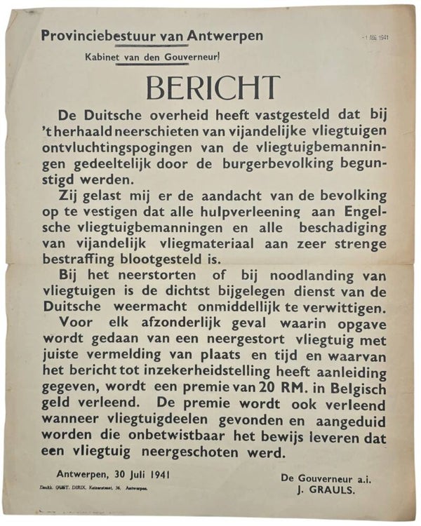 Original WW2 Flemish Poster - Register of crashed airplanes, Antwerp (1941)