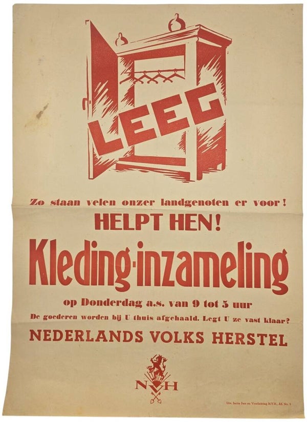 Original WW2 Dutch Liberation Poster - NVH Nederlands Volksherstel collecting of clothing (1945)
