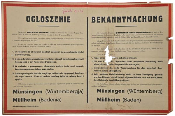 Original WW2 Polish German Poster - Polish displaced persons in Germany, Württemberg, Baden (1946)
