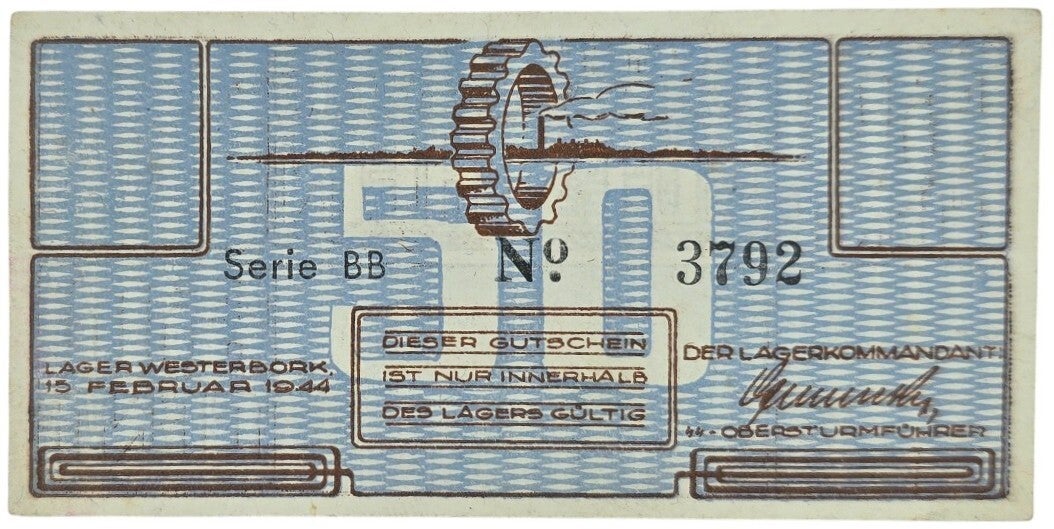 Original WW2 Dutch Document - Concentration Camp Westerbork 50 cent BB without K number! (1944)