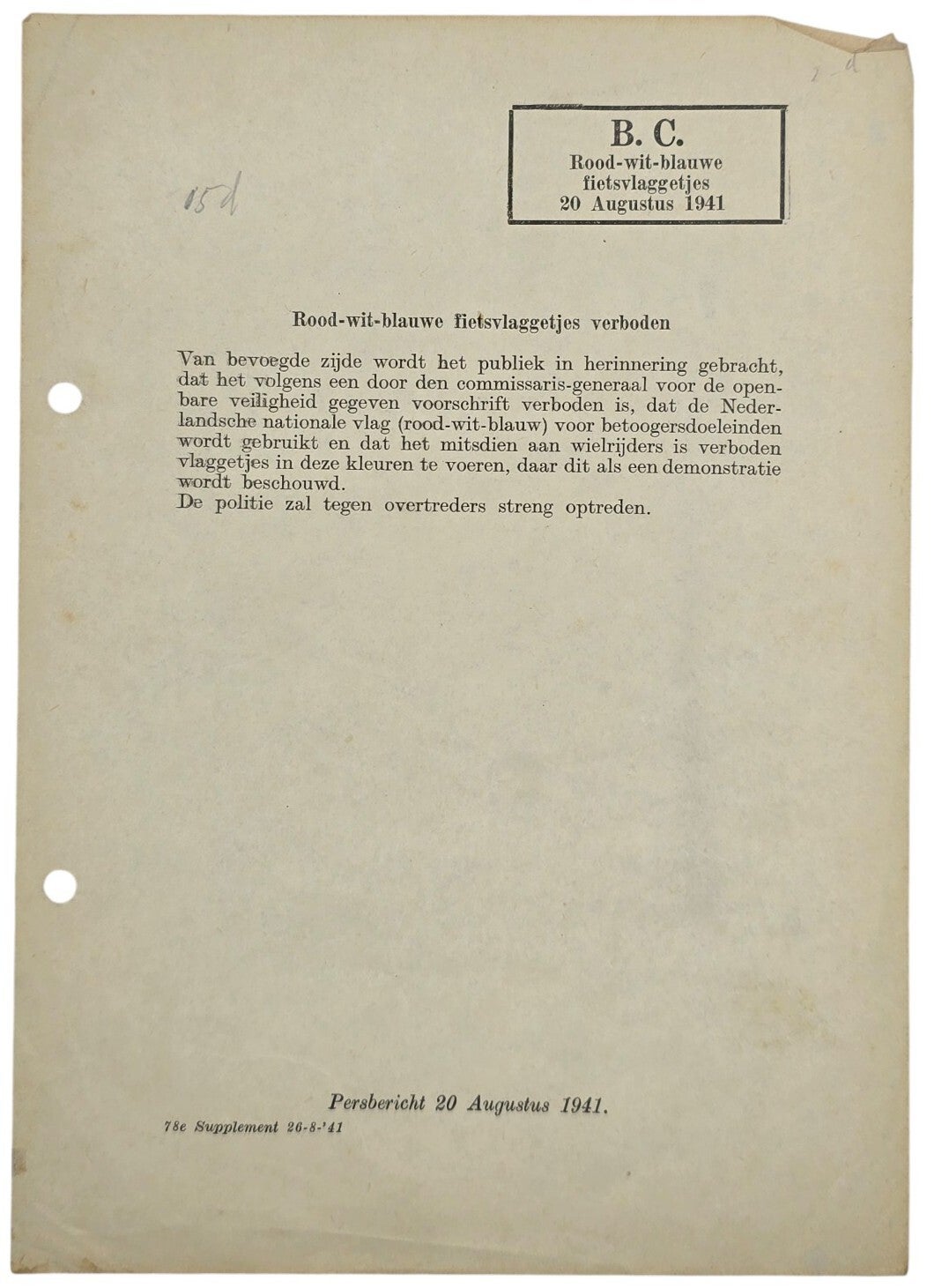 Original WW2 Dutch Document - Law against Dutch bicycle flags (1941)