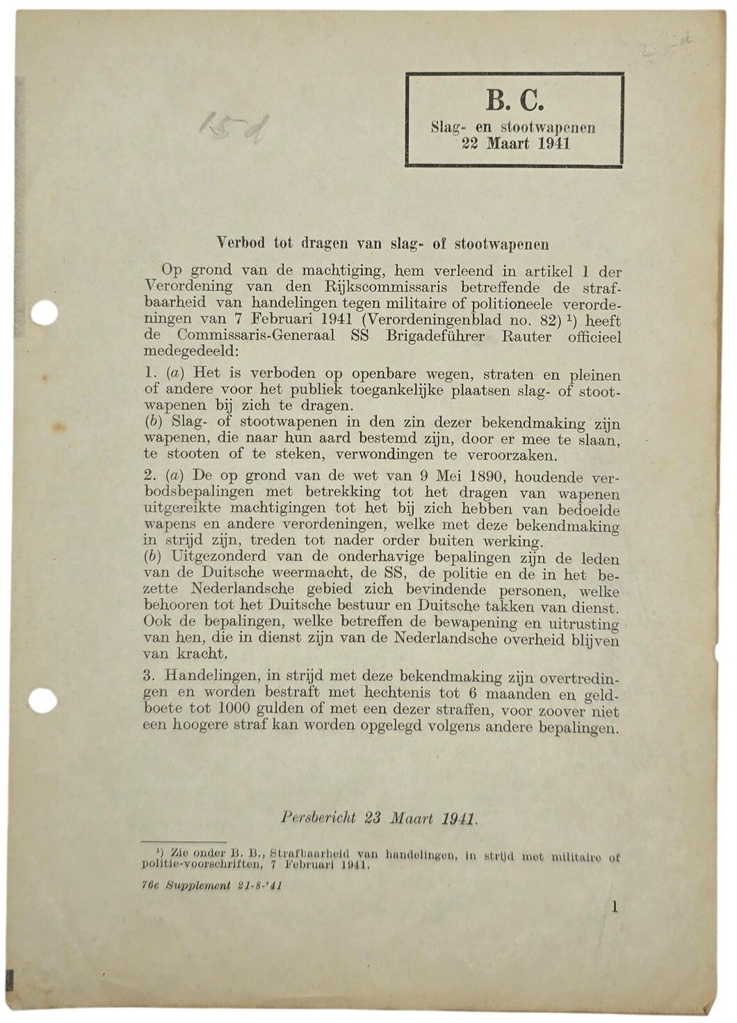 Original WW2 Dutch Document - Law against wearing thrusting weapons (1941)
