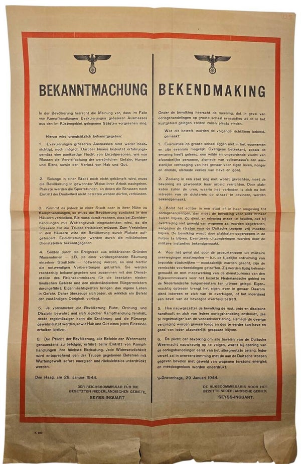 Original WW2 Dutch Poster - Notice against civilians, Seyss-Inquart, The Hague (1944)