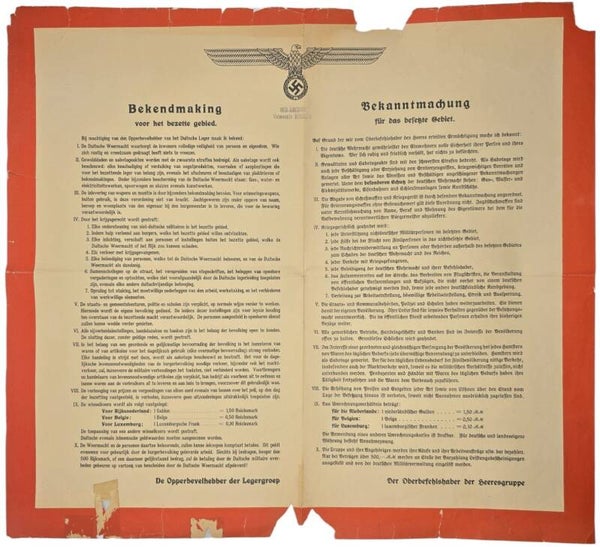Original WW2 Dutch German Poster - Notice new laws in occupied Holland, Belgium, and Luxembourg, Heeresgruppe (1940)