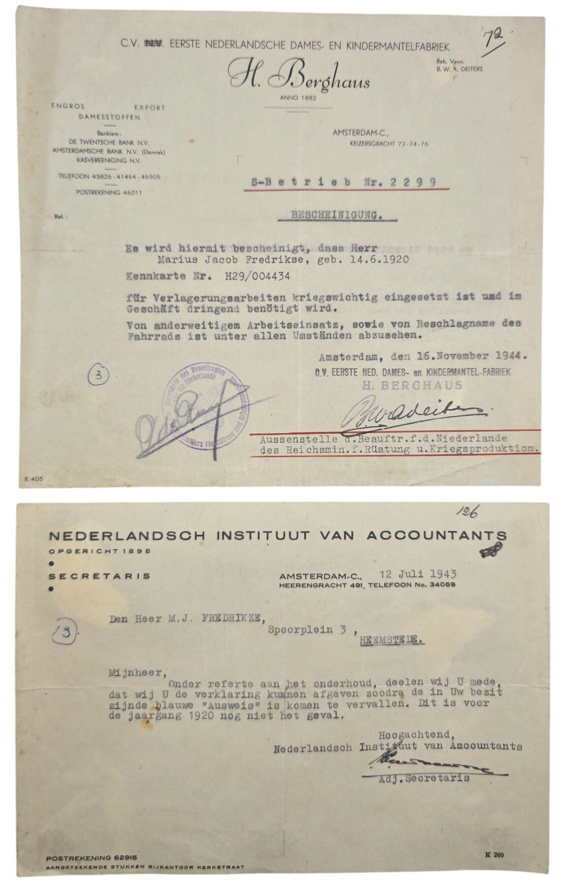 Original WW2 Dutch Document - Bescheinigung ausweis Amsterdam, Heemstede (1943 1944)