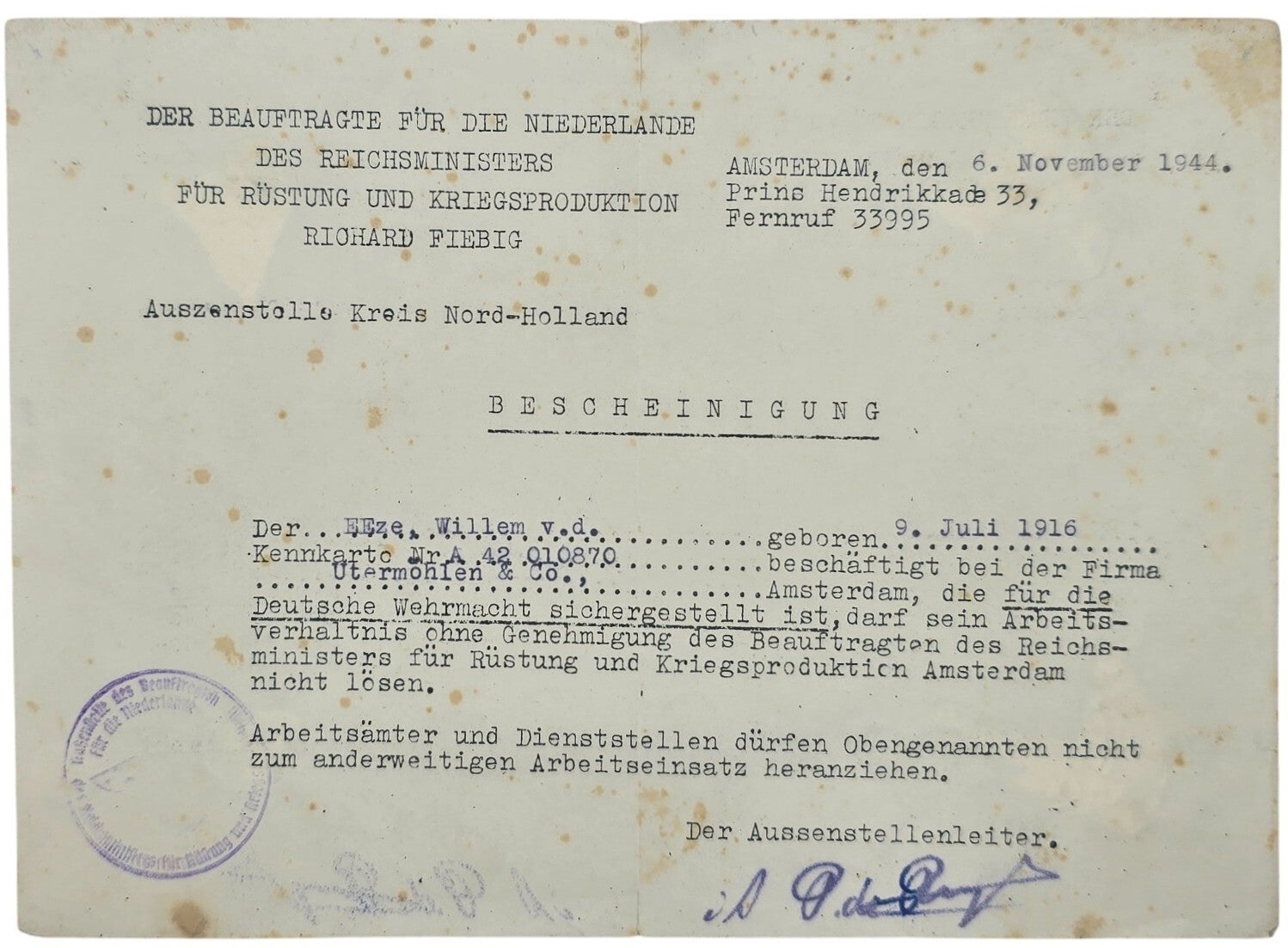 Original WW2 Dutch Document - Bescheinigung Amsterdam Firma Utermohlen & Co (1944)