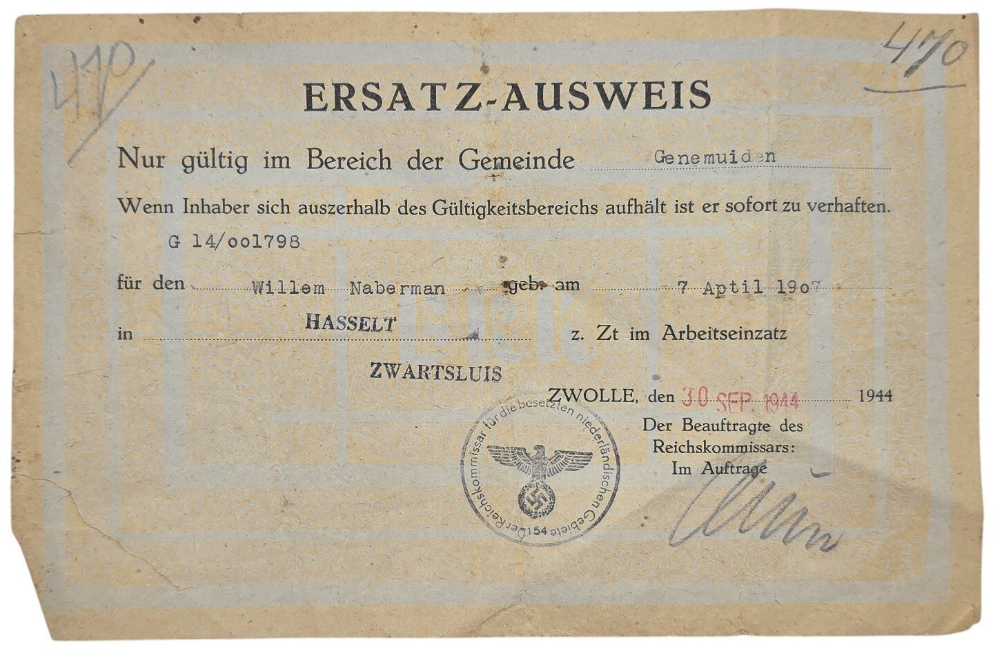 Original WW2 Dutch Document - Ersatz Ausweis Genemuiden, Hasselt, Zwartsluis, Zwolle (1944)