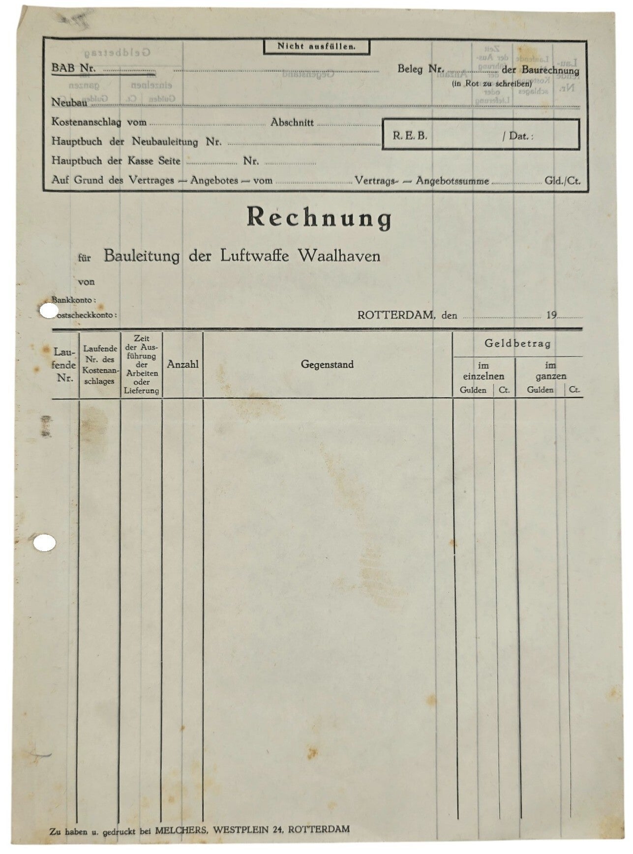 Original WW2 German Document - Rechnung Bauleitung der Luftwaffe Waalhaven, airfield Rotterdam
