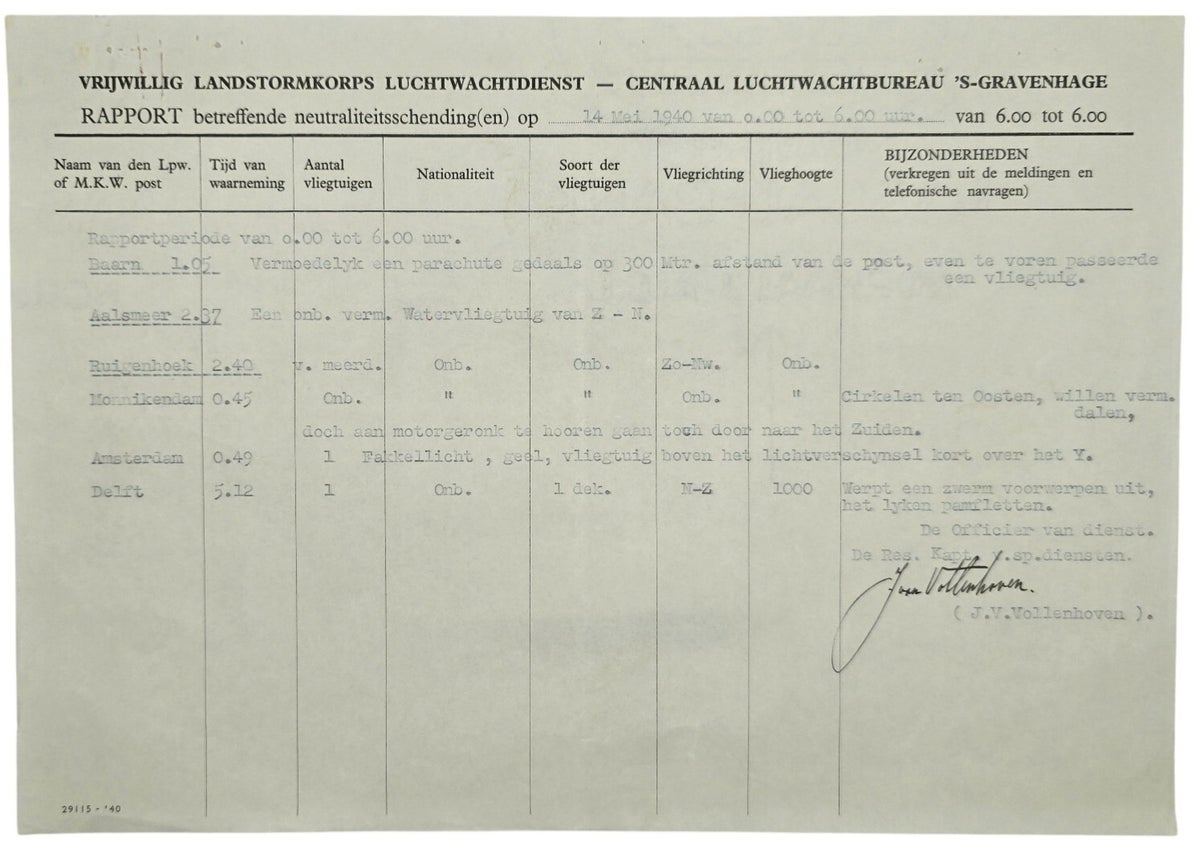 Original WW2 Dutch Document - Dutch Army Luchtwachtdienst air watch ...