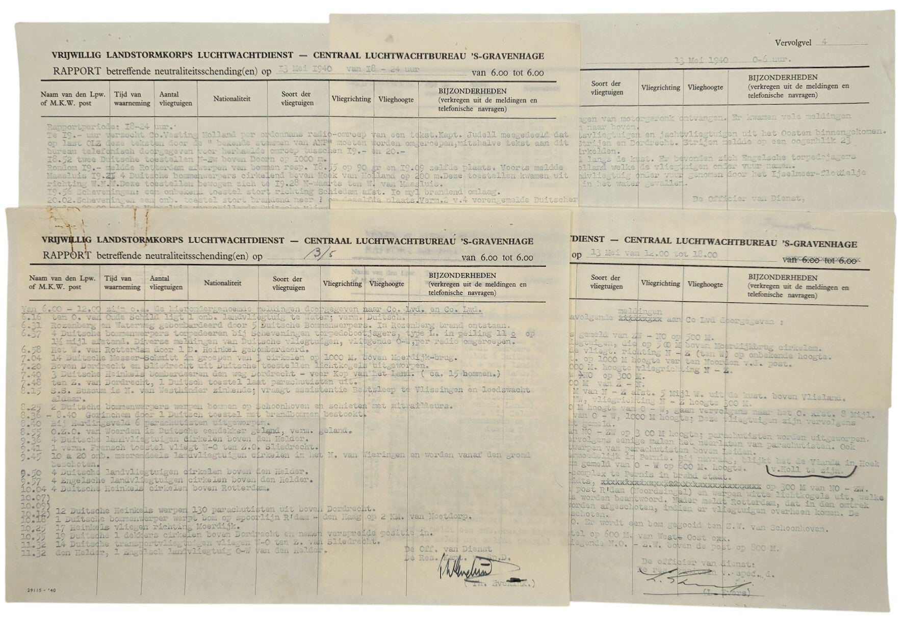 Original WW2 Dutch Document - Dutch Army Luchtwachtdienst air watch service report The Hague, 13th of May (1940)