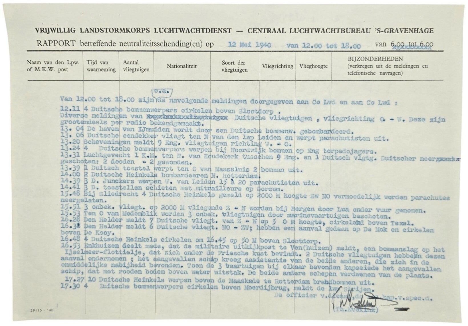 Original WW2 Dutch Document - Dutch Army Luchtwachtdienst air watch service report The Hague, 12th of May (1940)