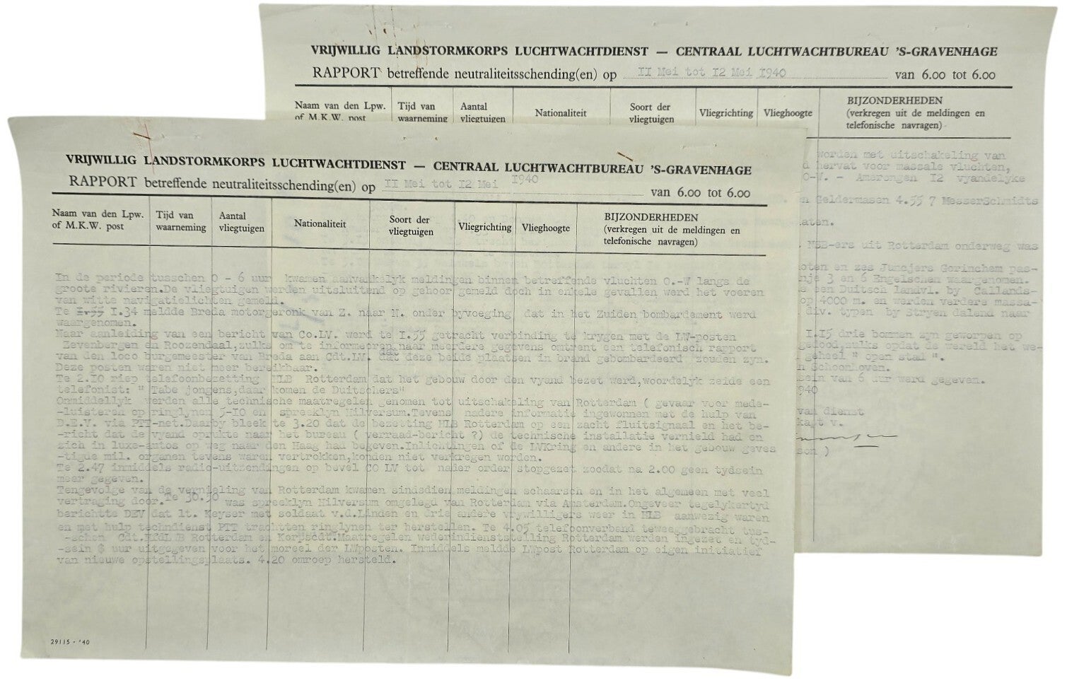 Original WW2 Dutch Document - Dutch Army Luchtwachtdienst air watch service report The Hague, 11 & 12th of May (1940)