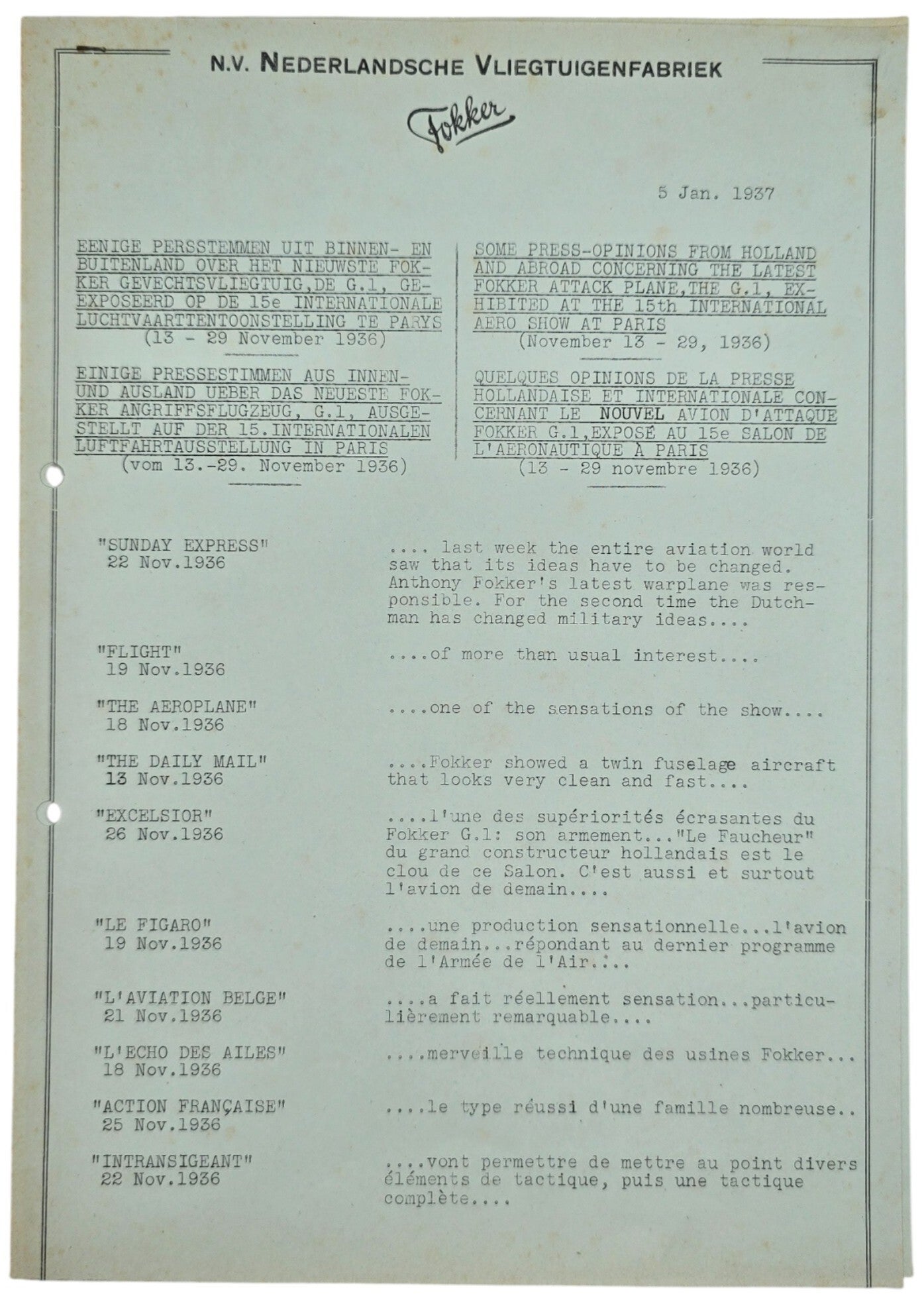 Original WW2 Dutch Document - N. V. Nederlandsche Vliegtuigenfabriek Fokker news about the G1 (1937)