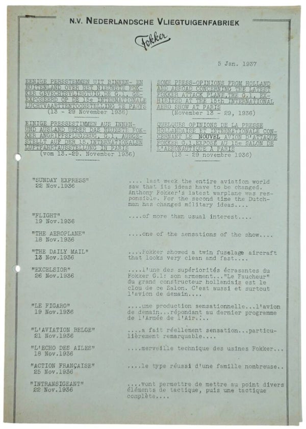 Original WW2 Dutch Document - N. V. Nederlandsche Vliegtuigenfabriek Fokker news about the G1 (1937)