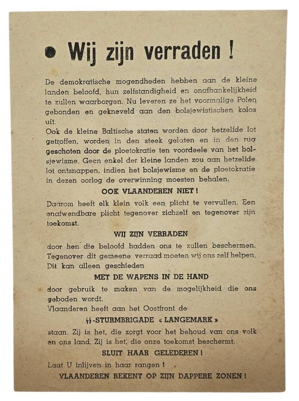 Original WW2 Flemish Waffen SS Document - Wij zijn verraden!, SS-Sturmbrigade Langemark, Brussel