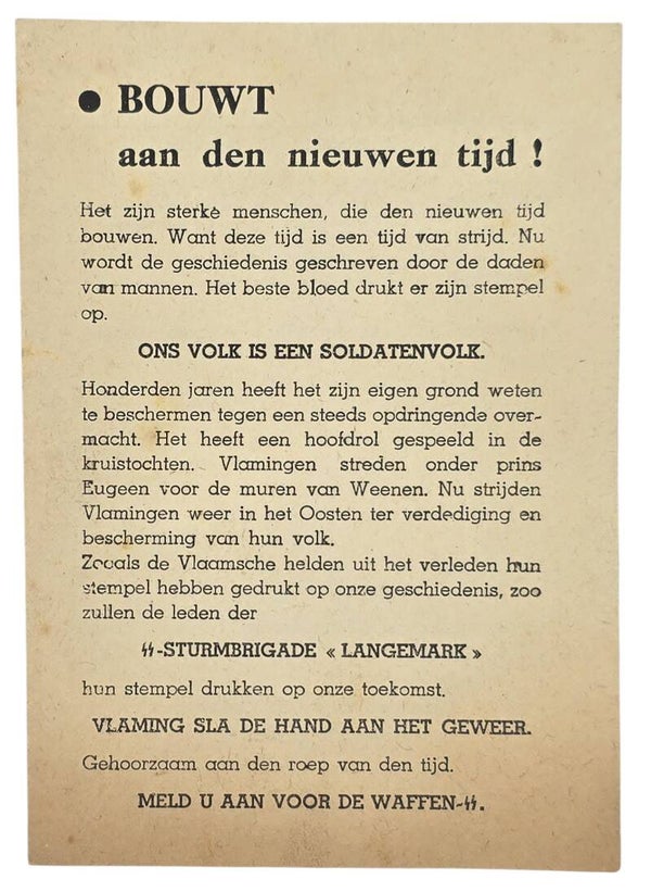 Original WW2 Flemish Waffen SS Document - Bouwt aan den nieuwen tijd!, SS-Sturmbrigade Langemark, Brussel