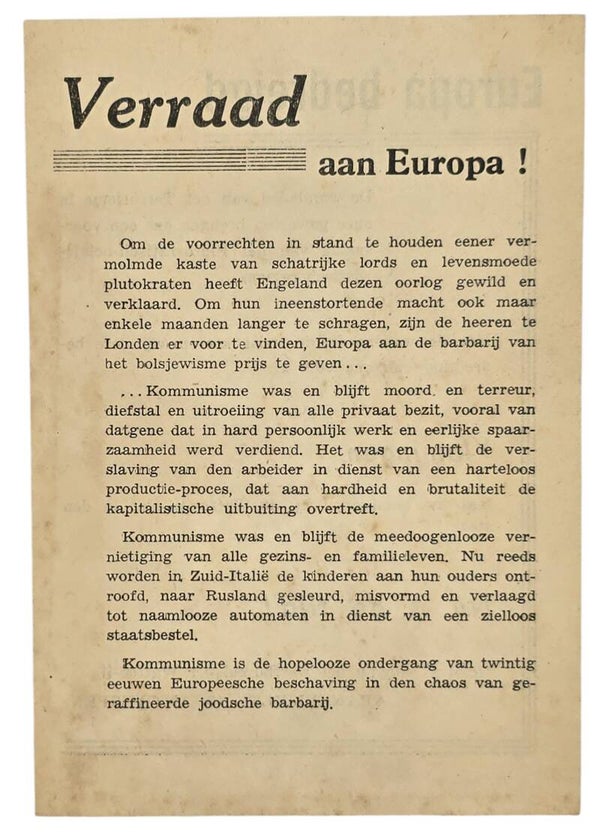 Original WW2 Flemish Waffen SS Document - Veraad aan Europa!, Werfbureel der Waffen SS, Antwerpen